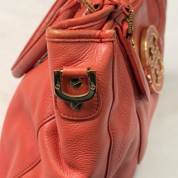 Tory Burch Amanda Red/Orange Pebble Leather Logo Hobo Shoulder Bag No Strap - Picture 8 of 16